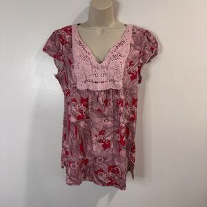 NWT Vintage Y2K Unity World Wear T-shirt Blouse L Pink Floral Crochet Lace Boho